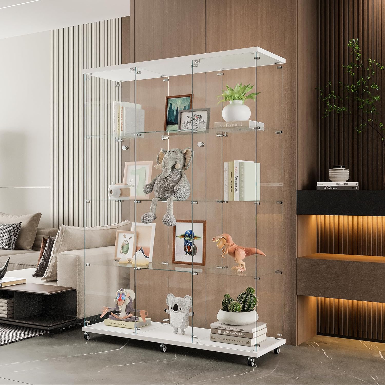 66.5" H 4-Shelf Extra Large Glass Display Cabinet with Double Doors,Modern Floor Standing Curio Cabinet Bookshelf Collection Display Case with Lockable Casters & Lock for Living Room (White)