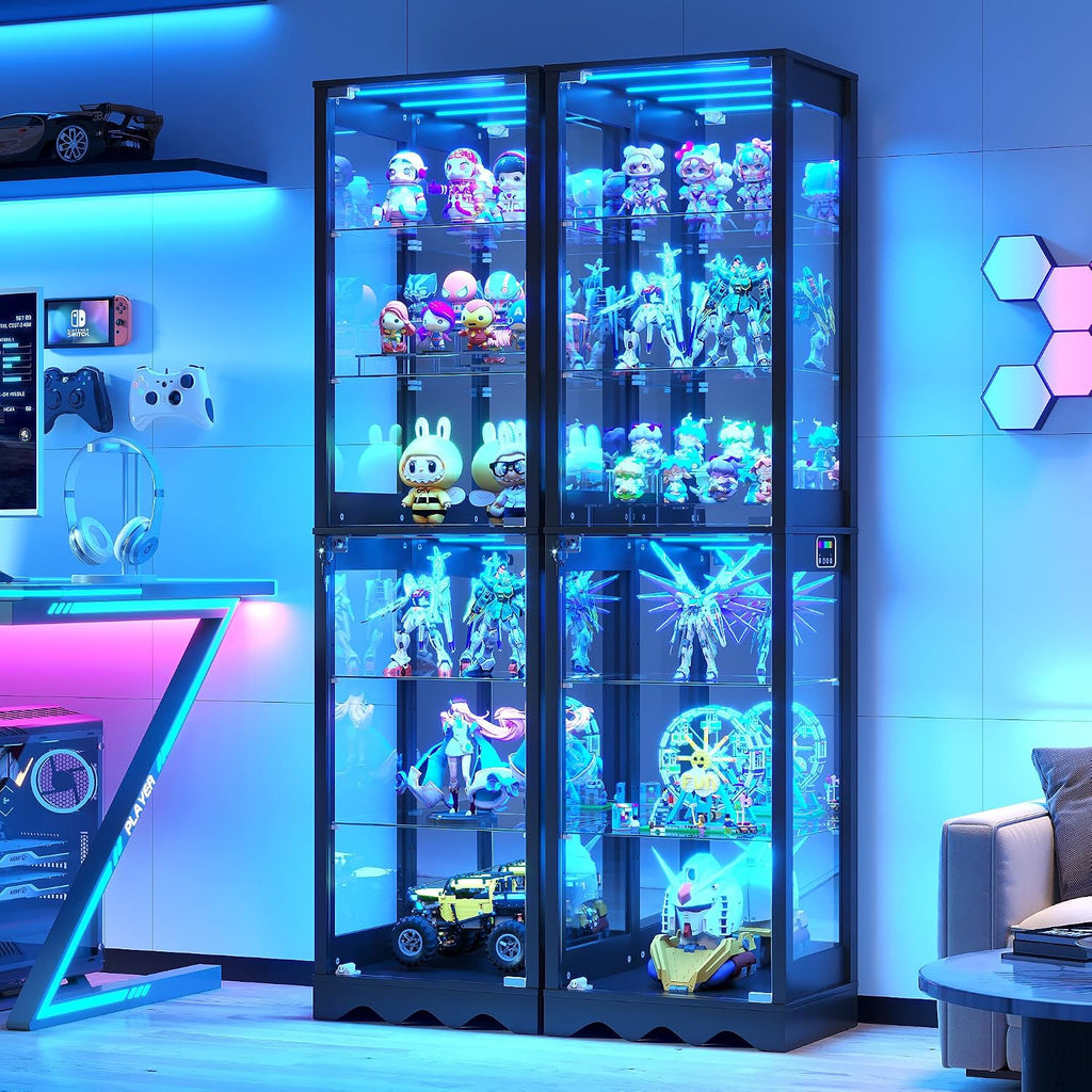 Dystler Display Cabinet with Glass Doors, 6 Tier RGB Lights Curio Cabinet | Adjustable Shelves, Human Sensor Lighting, Modern LED Display Case for Collectibles, Black