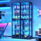 Dystler Display Cabinet with Glass Doors, 6 Tier RGB Lights Curio Cabinet | Adjustable Shelves, Human Sensor Lighting, Modern LED Display Case for Collectibles, Black