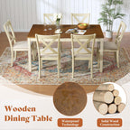 AMERLIFE 7-Piece Farmhouse Dining Table Set for 6, 60" Solid Wood Kitchen Table with 6 Upholstered Chairs, Space-Saving Rustic Dining Set for Dining Room, Kitchen, Small Apartment, Rustic Cream