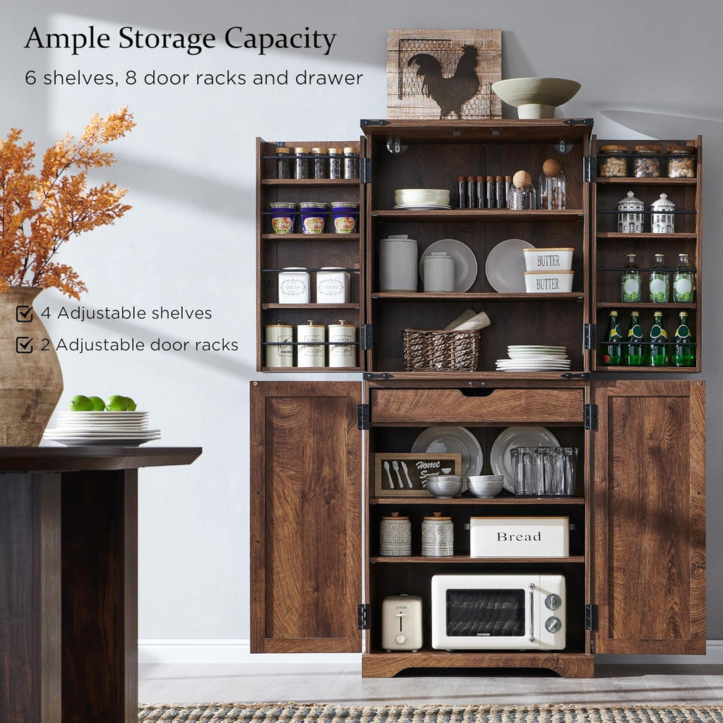ACCOHOHO 72" Tall Kitchen Pantry, Farmhouse Storage Cabinet with Barn Doors, Organizer, Drawer and Adjustable Shelves, Rustic Wood Cupboard for Kitchen, Dining Room, Bathroom and Hallway, Walnut