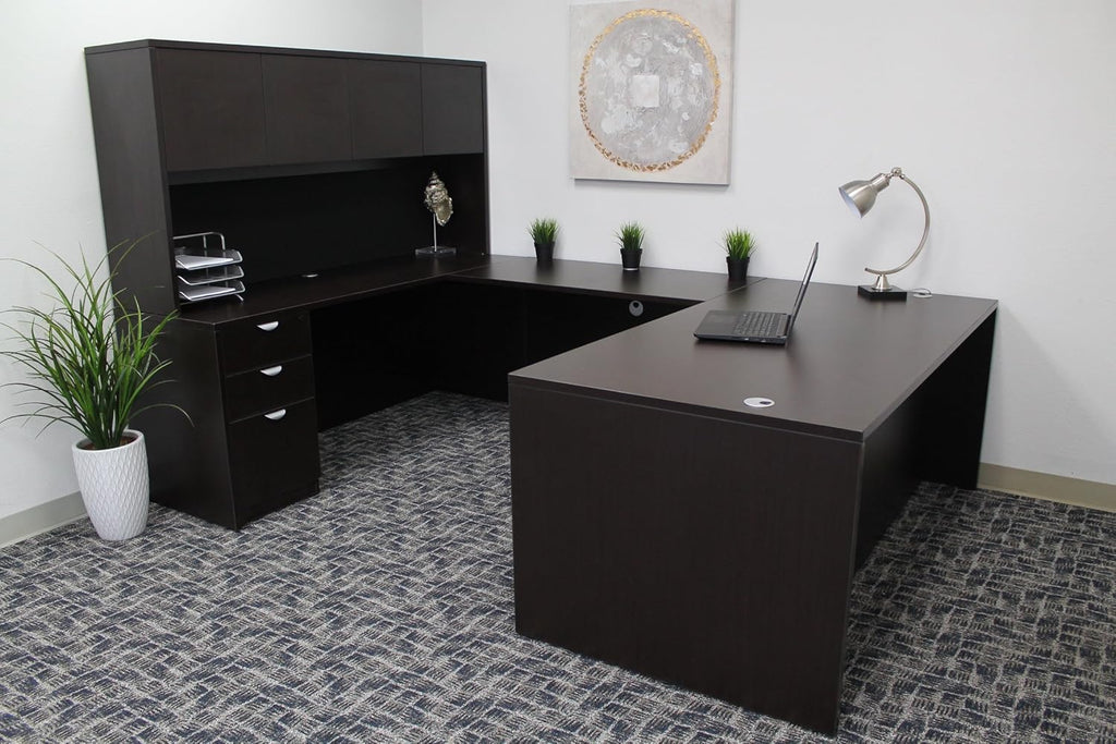 Boss Office Products Holland 71" Executive U-Shape Desk with File Storage Pedestal and Hutch, Mocha