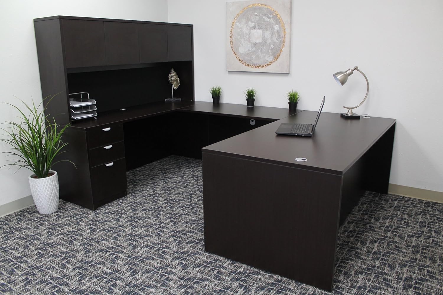 Boss Office Products Holland 71" Executive U-Shape Desk with File Storage Pedestal and Hutch, Mocha