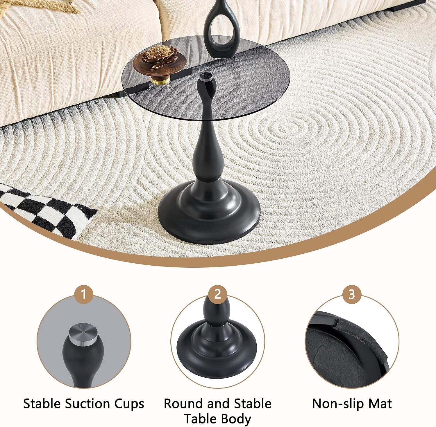 Modern Round Side Table, Gray Glass Top End Table with Black Metal Pedestal Base, Elegant Small Accent Side Tables for Living Room, Bedroom, Corner, and Office