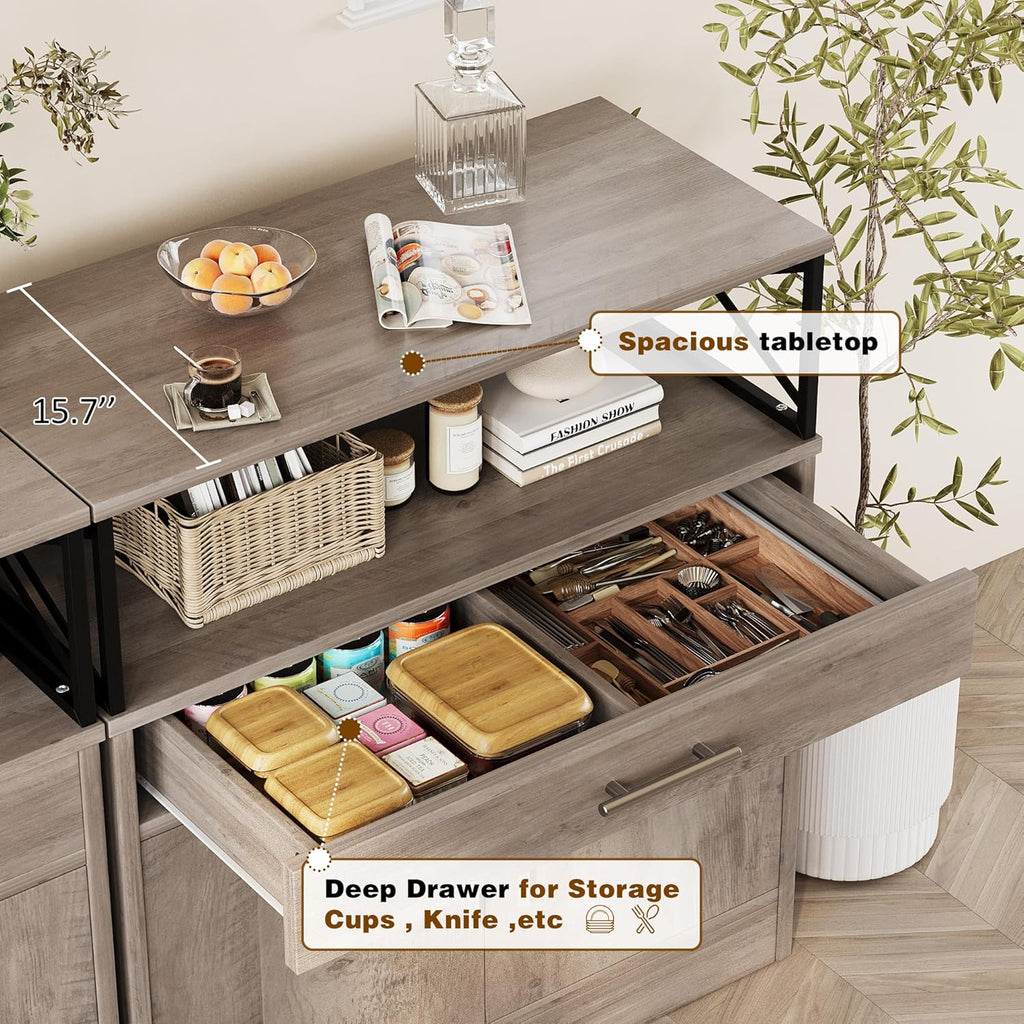Vongrasig Farmhouse Coffee Bar Cabinet, Modern Sideboard Buffet Table with Adjustable Shelf, Storage Cabinet for Kitchen, Dining Room, Ash Grey