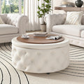 FiveWillowise 30 Inch Round Storage Ottoman, Large Circle Coffee Table with Storage Tray, Modern Button Footstool with Removable Lid,Cozy Foot Stools for Living Room, Bedroom, Makeup Room,Cream White