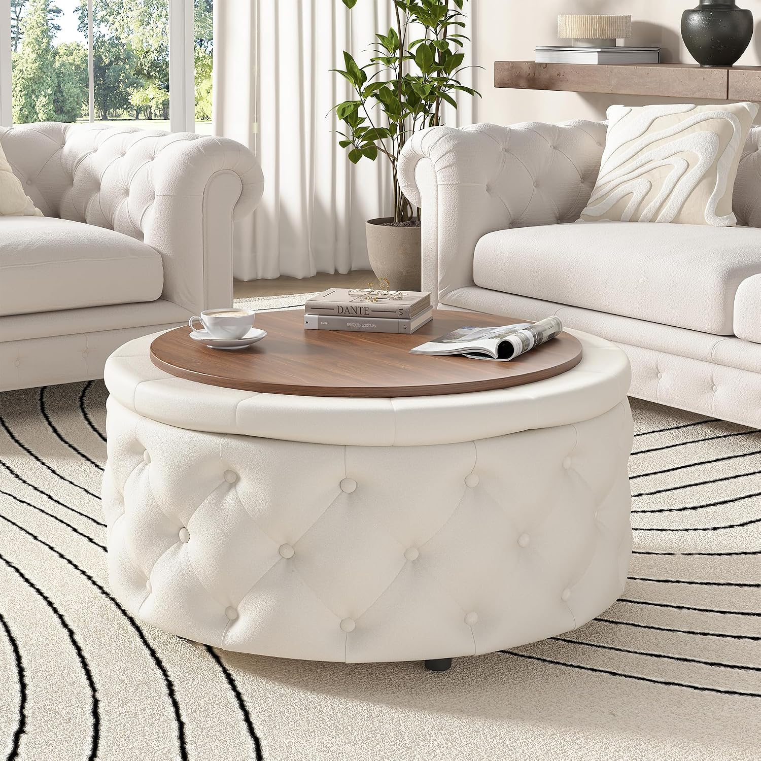 FiveWillowise 30 Inch Round Storage Ottoman, Large Circle Coffee Table with Storage Tray, Modern Button Footstool with Removable Lid,Cozy Foot Stools for Living Room, Bedroom, Makeup Room,Cream White