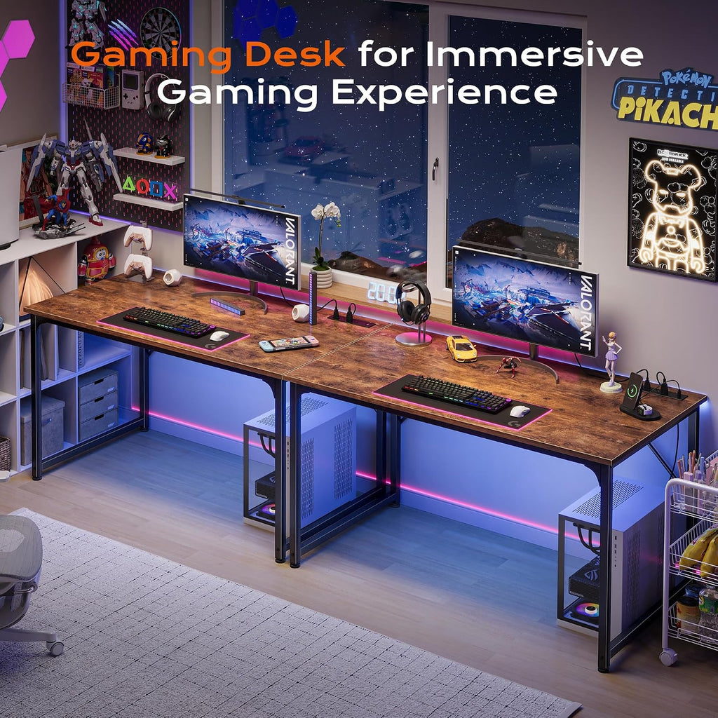 PRAISUN 47 Inch Computer Gaming Desk with Power Outlets and USB-C Port, 24 Inch Deeper Desktop, Office Desk for Home Office, Study, Bedroom, Writing Work from Home Desk, Metal Frame, Rustic Brown