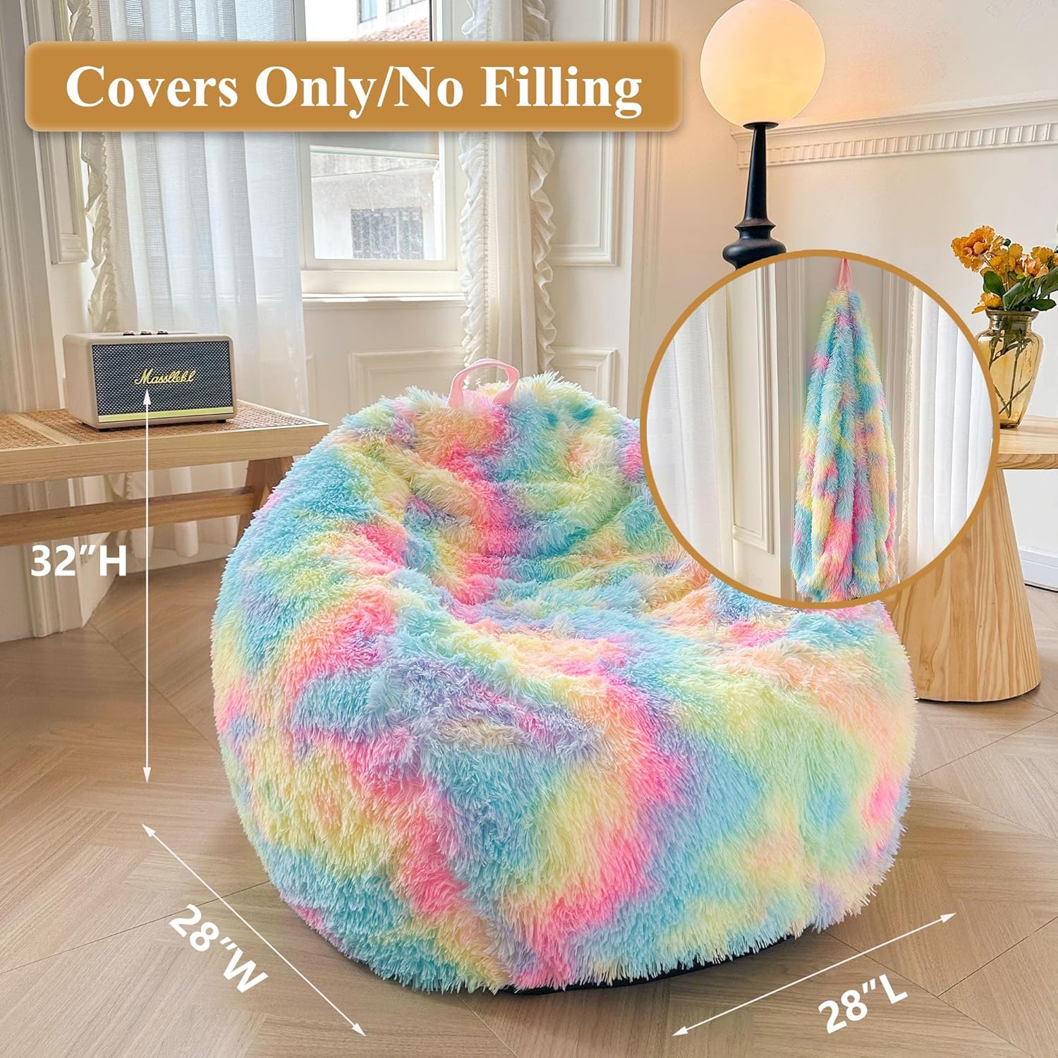 XeGe Kids Fluffy Faux Fur Bean Bag Chair Cover (No Filler), Soft Furry Stuffed Animal Storage Bean Bag Cover for Plush Toys, Shaggy Fuzzy Beanbag for Kids Teens Girls Children, Anti-Slip, Rainbow