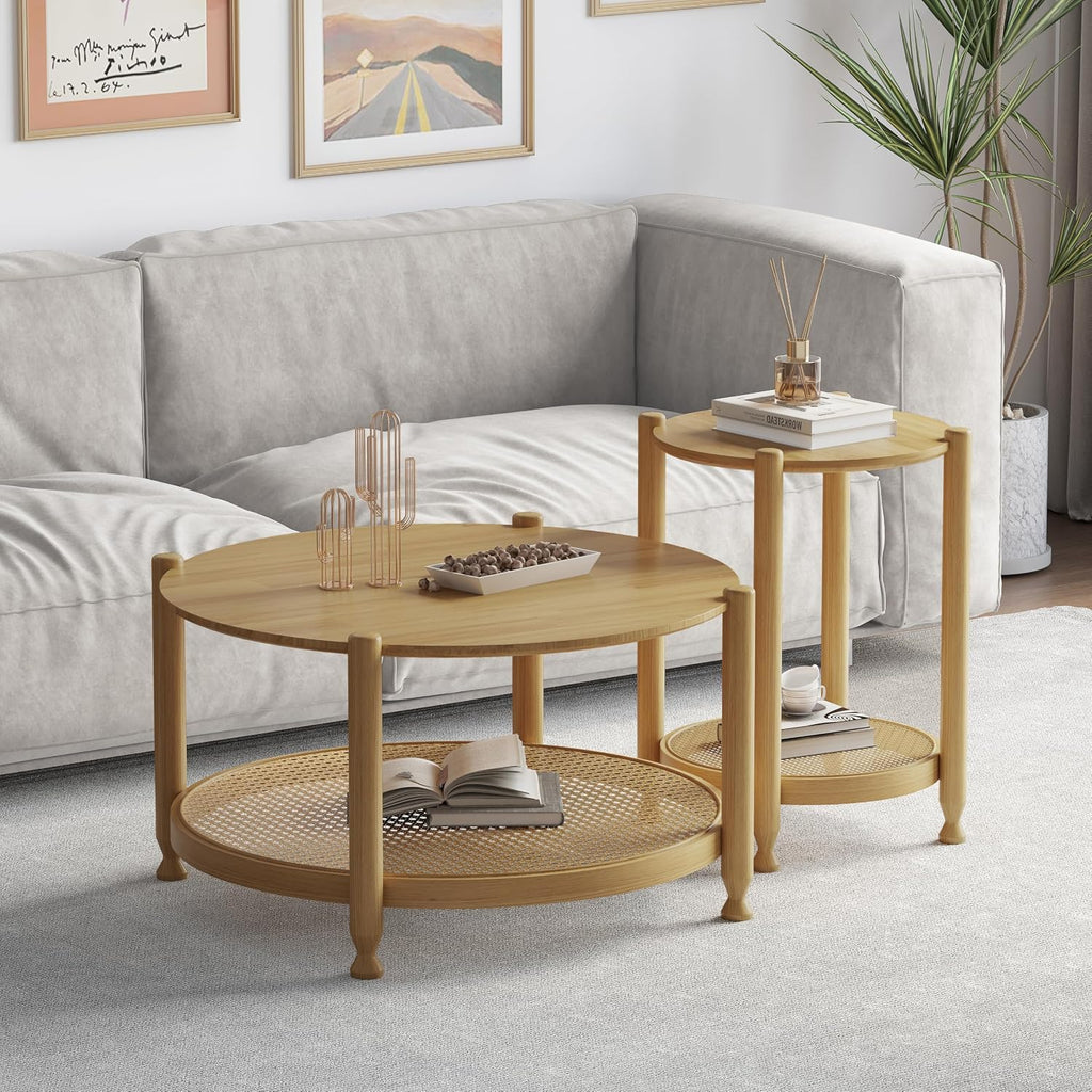 Solid Wood Round Side Table, Farmhouse Nightstand for Living Room, 2-Tier Bedside Table with Storage, Living Room End Table with Woven Rattan Storage Shelf, Natural