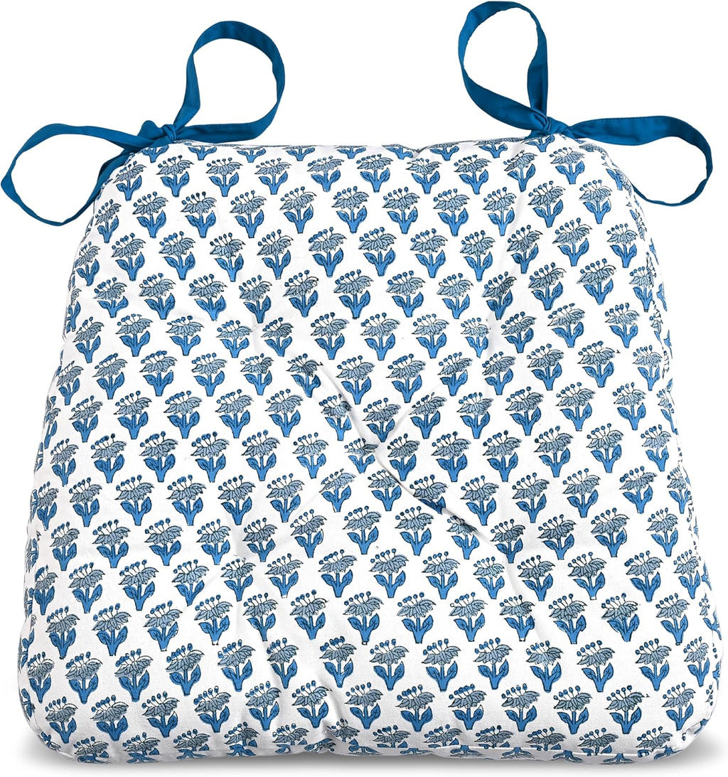 CPC Apatite Blue Hand Block Printed Cotton Chair Cushions Set of 2,Reversible Outdoor/Indoor Chair Pads for Kitchen, Dining Room, Office, Patio Chairs, 16"x15"x4"