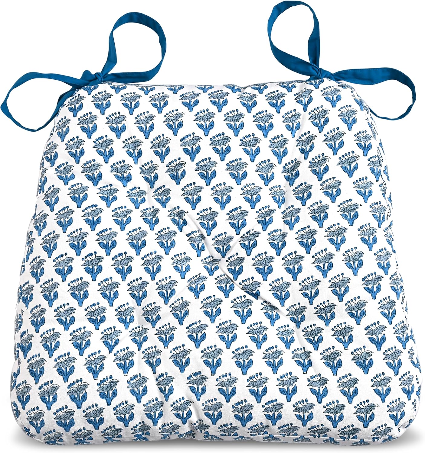 CPC Apatite Blue Hand Block Printed Cotton Chair Cushions Set of 2,Reversible Outdoor/Indoor Chair Pads for Kitchen, Dining Room, Office, Patio Chairs, 16"x15"x4"