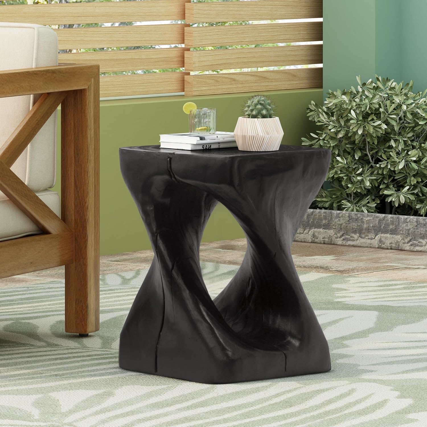 Vintage Twist End Table Magnesium Oxide Indoor Outdoor Side Table Black Small Bedside Table Nightstand Accent Table Patio Side Table for Living Room Bedroom Balcony,No Assembly