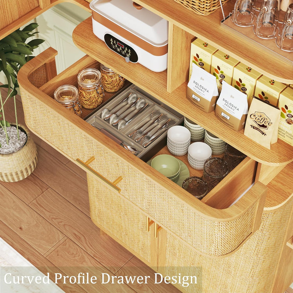 HUAHUU Kitchen Pantry Cabinet, 71" Tall Pantry Storage Cabinet with Rattan Doors, Large Drawer, Modern Curved Cabinets for Kitchen, Dining Living Room, 10 Compartment Wooden Food Pantry, Natural