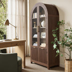 win2win Tall Arched Cabinet with Glass Doors, 69" Pantry Storage Cabinets with Fluted Doors & Adjustable Shelves, Mid Century Modern Wood Display Bookcase for Kitchen, Living Room, Bathroom, Walnut