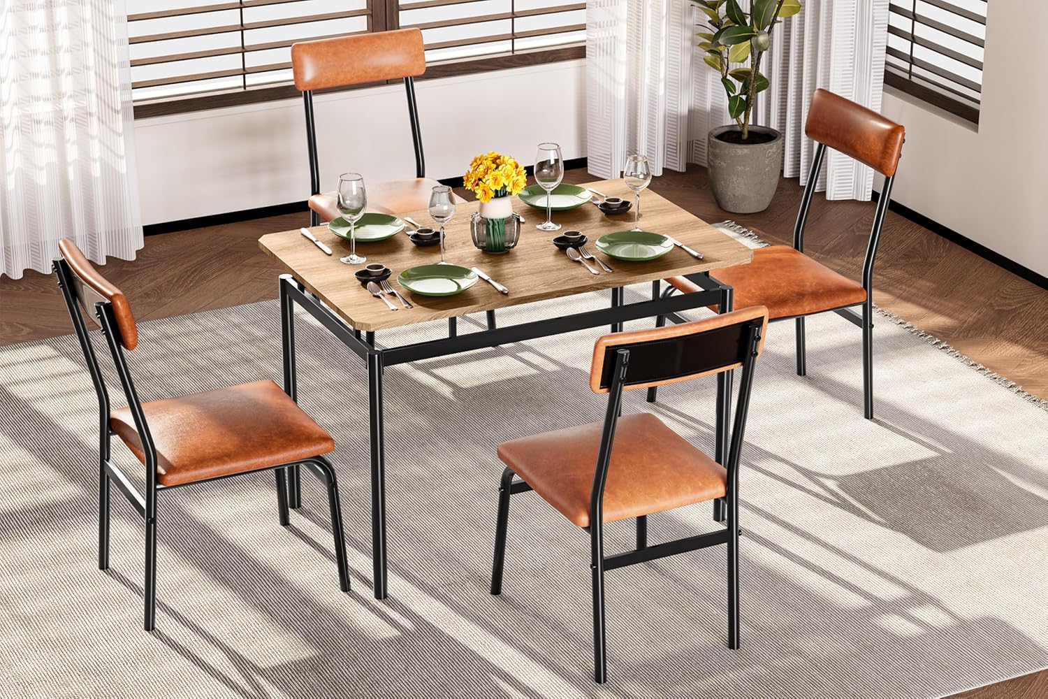 Garvee Dining Table Set for 4, 5 Piece Wooden Dining Table and Chairs, 4 PU Upholstered Chair, Modern Metal Frame Dinette Set for Dining Room, Home Dinner, Party, Apartment, Brown