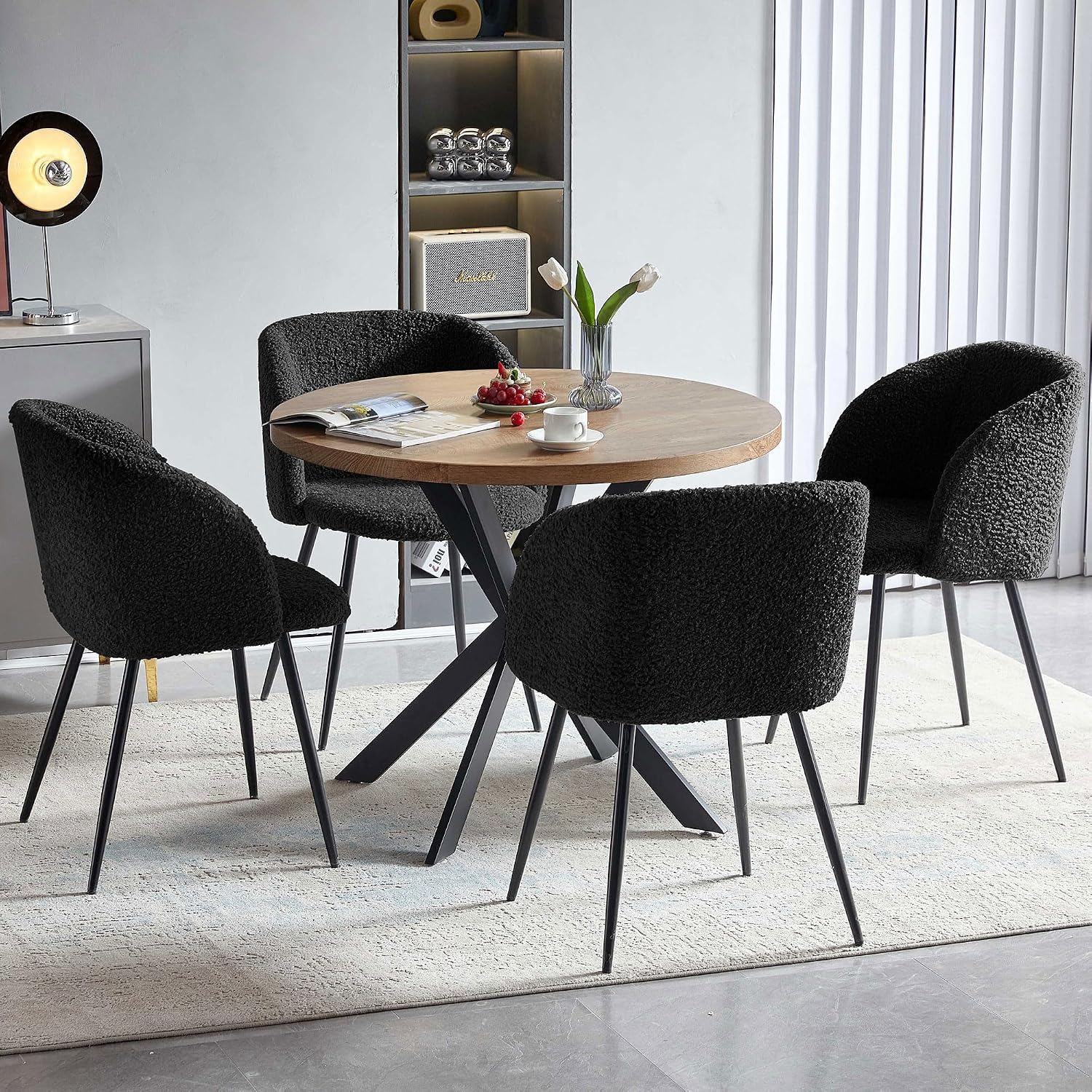 NORDICANA Accent Chairs Set of 2, Fuzzy Sherpa Dining Chairs with Barrel Back, Upholstered Faux Fur Armchairs with Black Metal Leg, Living Room Chairs (Black)