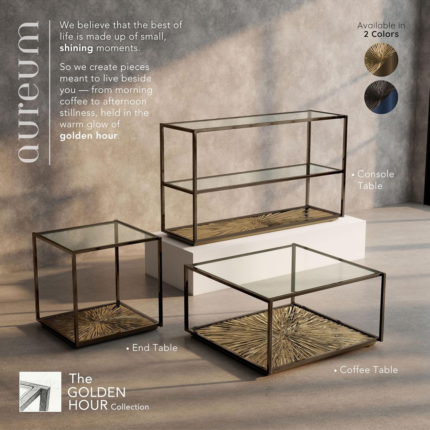 24/7 Shop at Home Aureum Modern 24-inch 1-Shelf Glass Top End Table with Sunburst Bottom Panel, Metal Frame for Living Room, Office, Antique Gold & Black