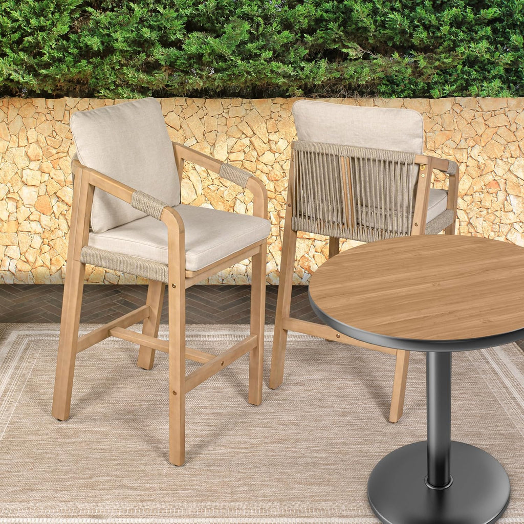JONATHAN Y Porto Acacia Wood Outdoor Bar Stool Set of 2 for Patio and Kitchen Counter, Coastal Woven Rope Armchairs with Removable Cushions, Light Teak BSL1200A-SET2