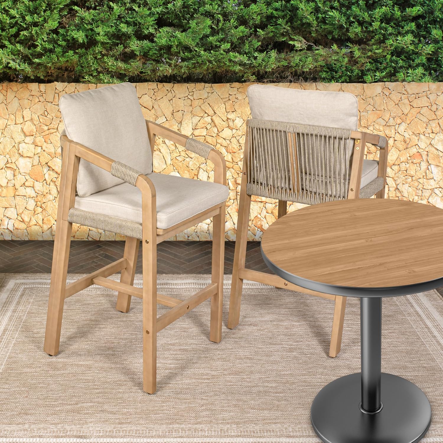 JONATHAN Y Porto Acacia Wood Outdoor Bar Stool Set of 2 for Patio and Kitchen Counter, Coastal Woven Rope Armchairs with Removable Cushions, Light Teak BSL1200A-SET2