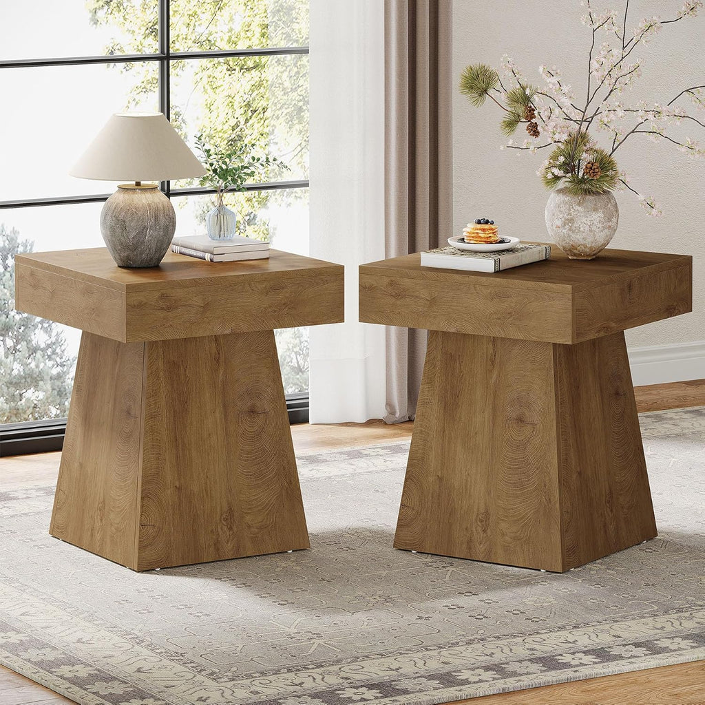 Tribesigns Small End Table, Rustic Square Side Table with Wide Base, Farmhouse Small Nightstand Beside Bed, Next to Armchair, for Living Room, Light Brown