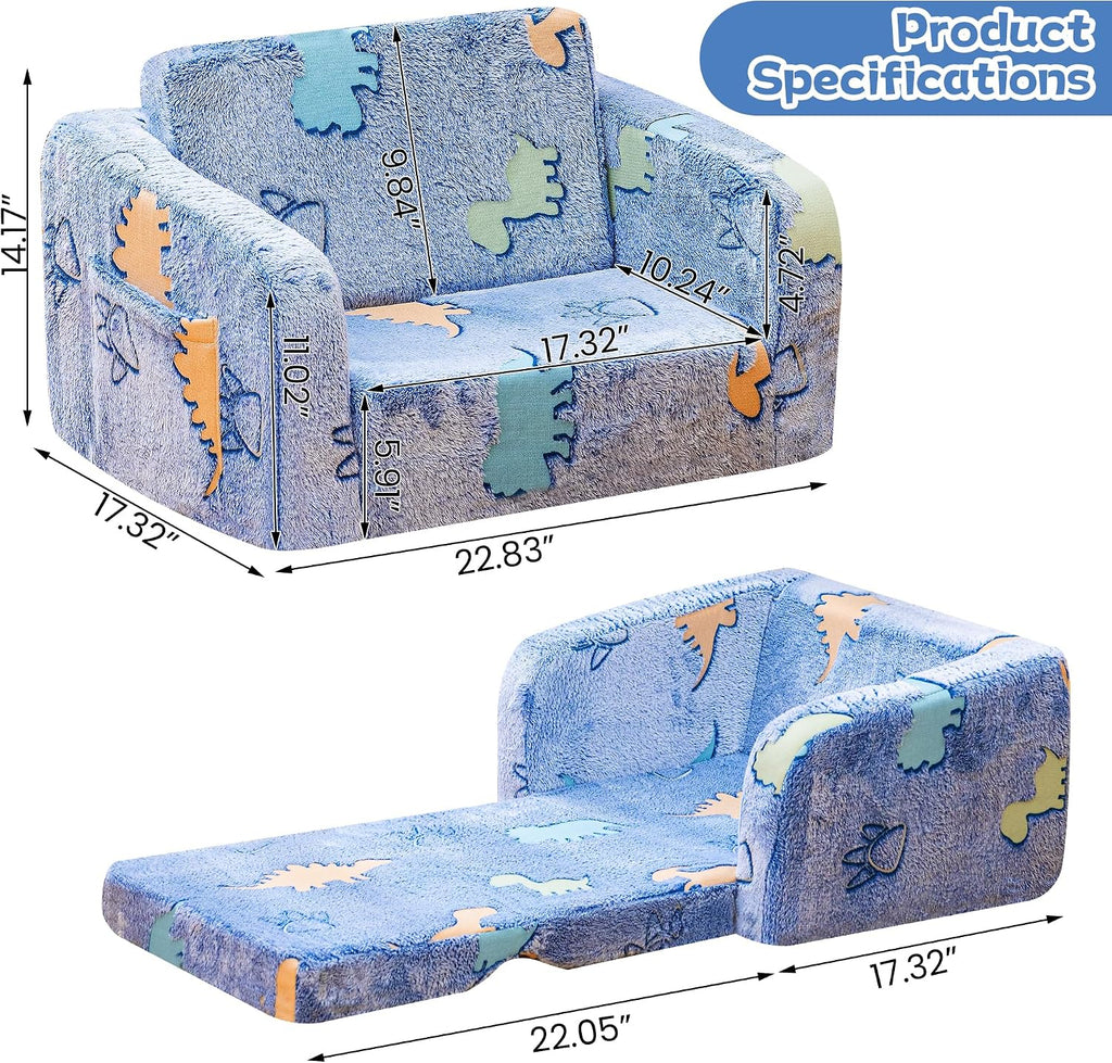 Lamerge 2-in-1 Soft Toddler Couch Fold Out,Foldable Toddler Chair, Glow in The Dark Kids Sofa for playroom,Convertible Foam and Floor Cushion for Boys and Girls (Blue and Dinosaur)