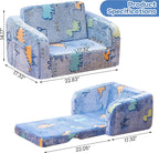 Lamerge 2-in-1 Soft Toddler Couch Fold Out,Foldable Toddler Chair, Glow in The Dark Kids Sofa for playroom,Convertible Foam and Floor Cushion for Boys and Girls (Blue and Dinosaur)