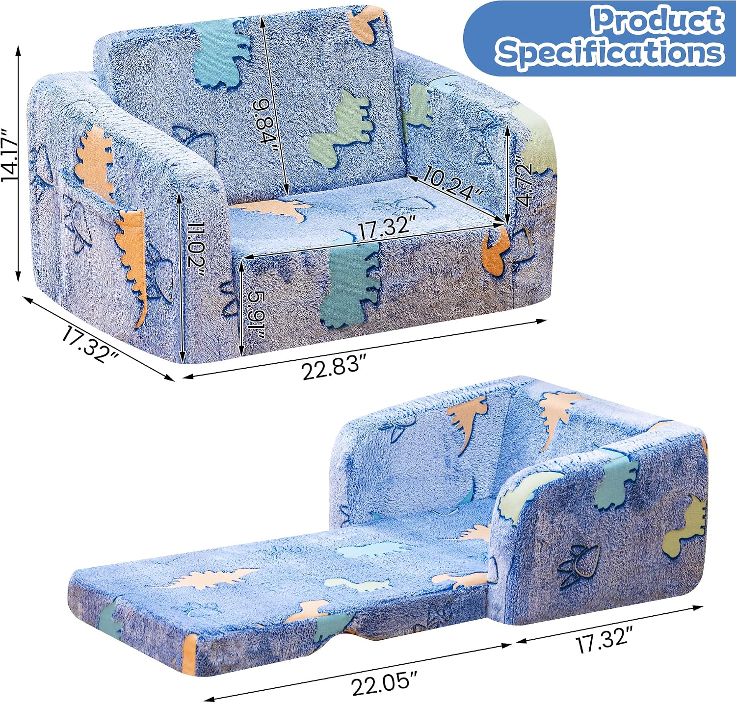 Lamerge 2-in-1 Soft Toddler Couch Fold Out,Foldable Toddler Chair, Glow in The Dark Kids Sofa for playroom,Convertible Foam and Floor Cushion for Boys and Girls (Blue and Dinosaur)