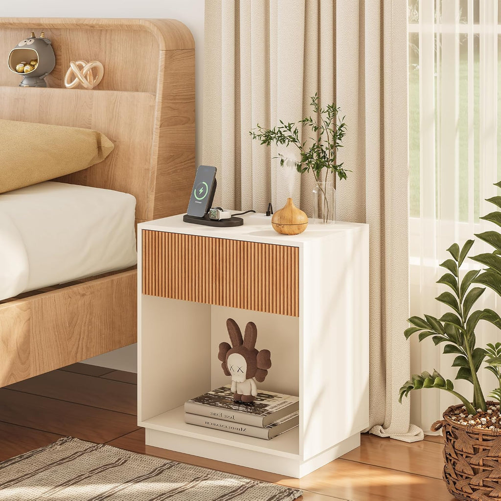 End Table with Charging Station, Fluted Nightstands Set of 2,Modern Bedside Table with Drawer and Storage Shelf, Wood End Table Mid Century Night Stands for Bedroom Living Room(White+Oak)