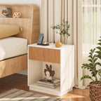 End Table with Charging Station, Fluted Nightstands Set of 2,Modern Bedside Table with Drawer and Storage Shelf, Wood End Table Mid Century Night Stands for Bedroom Living Room(White+Oak)