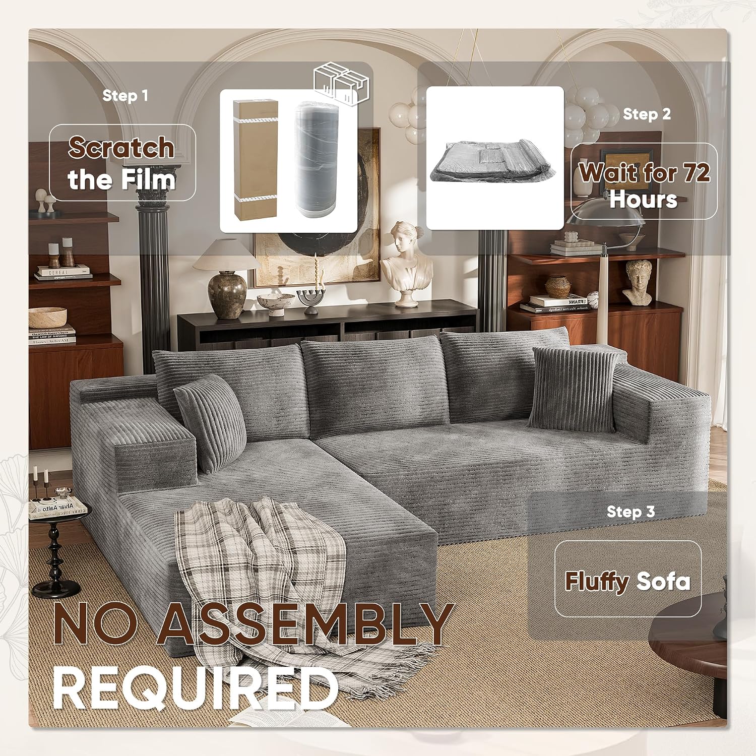 VICTONE 108” Cloud Sectional Couches, Boneless Couch Modular L-Shaped Sofa with Deep Seat, Modern Comfort Upholstered Sofas for Living Room, No Assembly Required (Corduroy, Grey)