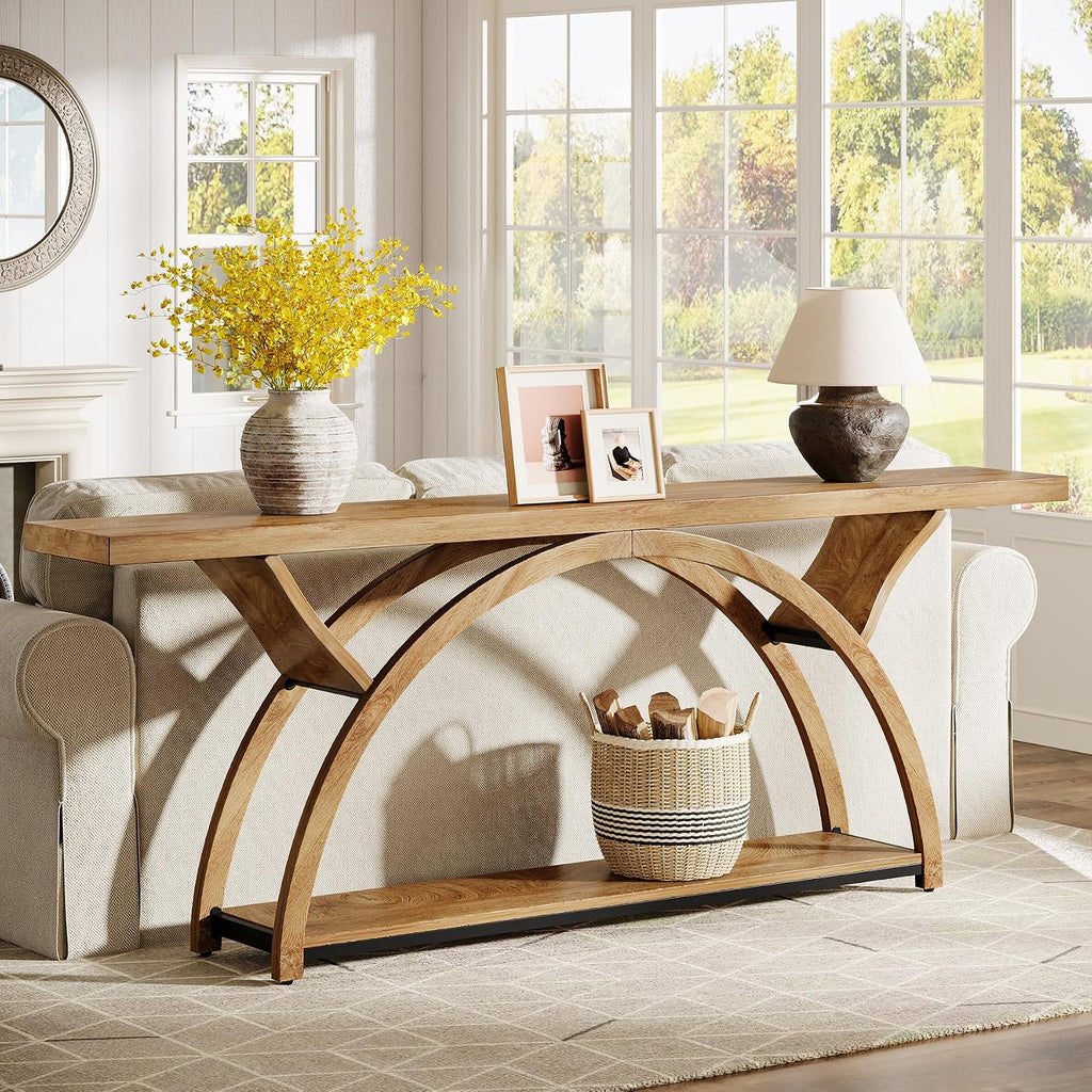Tribesigns 70.87" Console Table, Industrial Sofa Table Behind Couch with 2 Tiers of Storage Shelves for Living Room, Hallway, Entrance, Foyer (Light Brown)