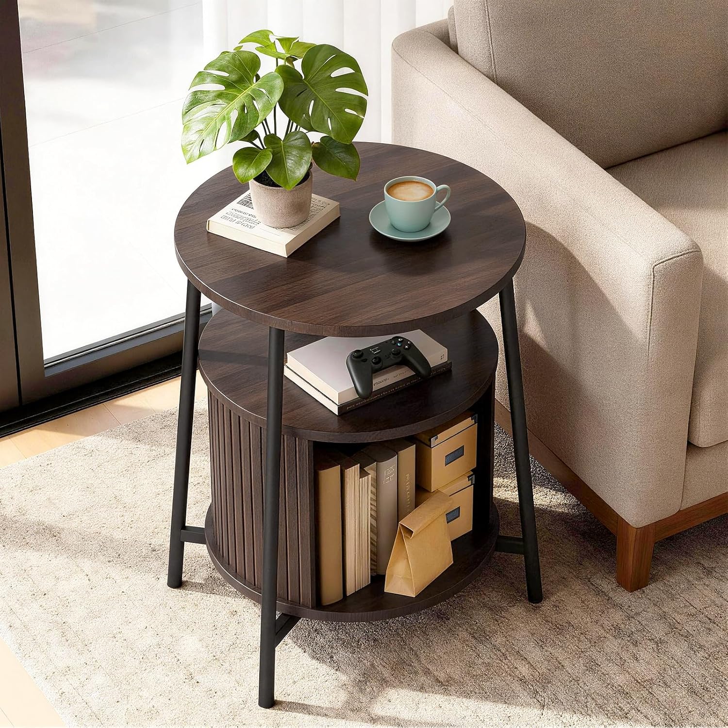 DHH Round End Tables with Charging Station, Fluted Accent Side Table with Sliding Door, Mid-Century Modern Nightstand for Small Space Storage, Living Room, Bedroom,Sofa Couch(1, Dark Walnut)