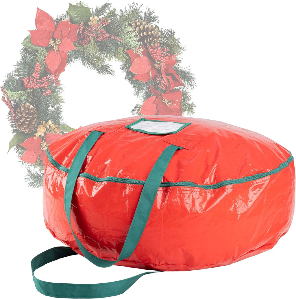 Wreath Storage Bag - 24-inch Organizer for Artificial Christmas Wreaths and Garland - Holiday Themed Tote with Green Handles by Tiny Tim Totes (Red)