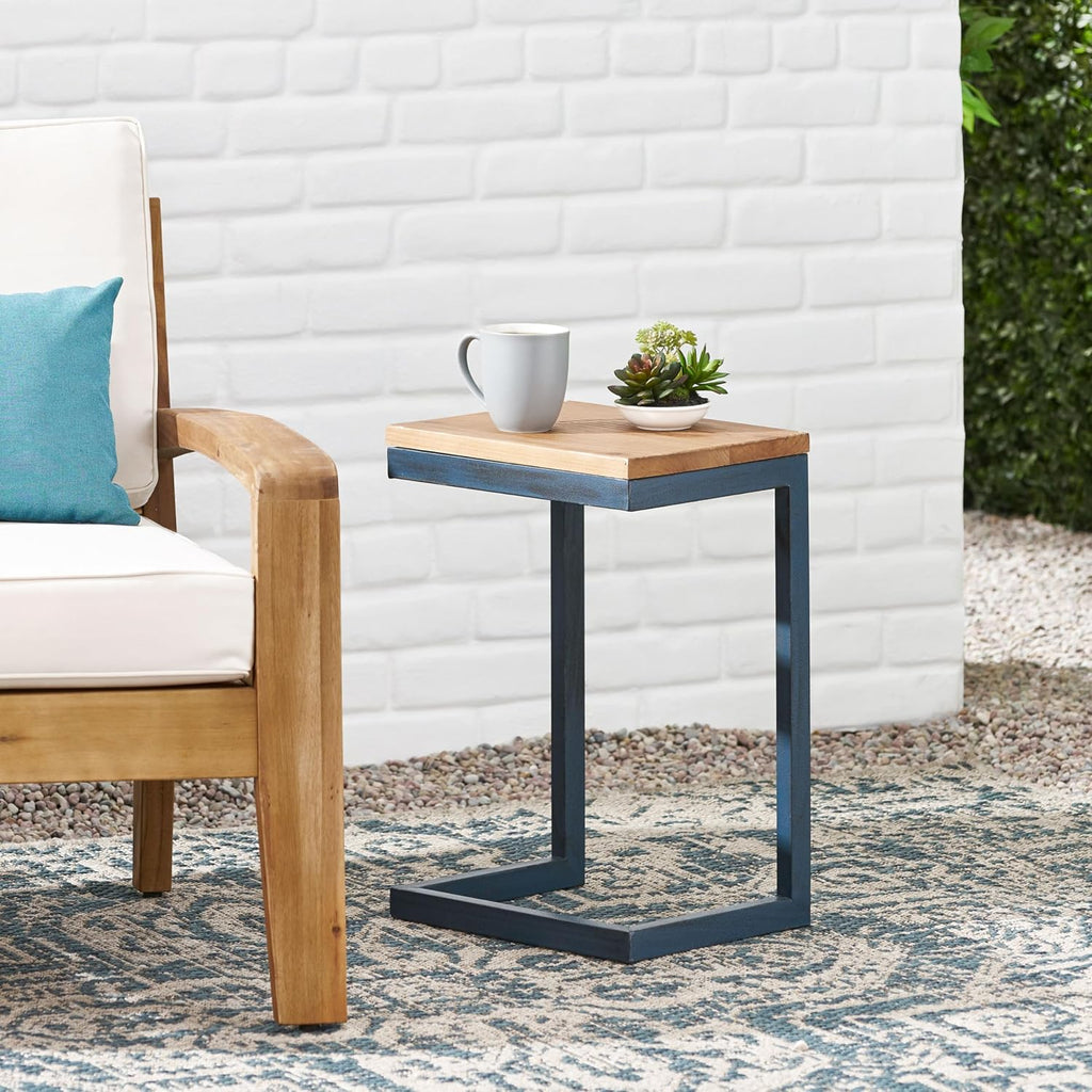 C-Shaped Side Table with Natural Wood Top and Metal Frame, Rectangular, for Living Room, 10.25 x 12.75 x 19 Inches