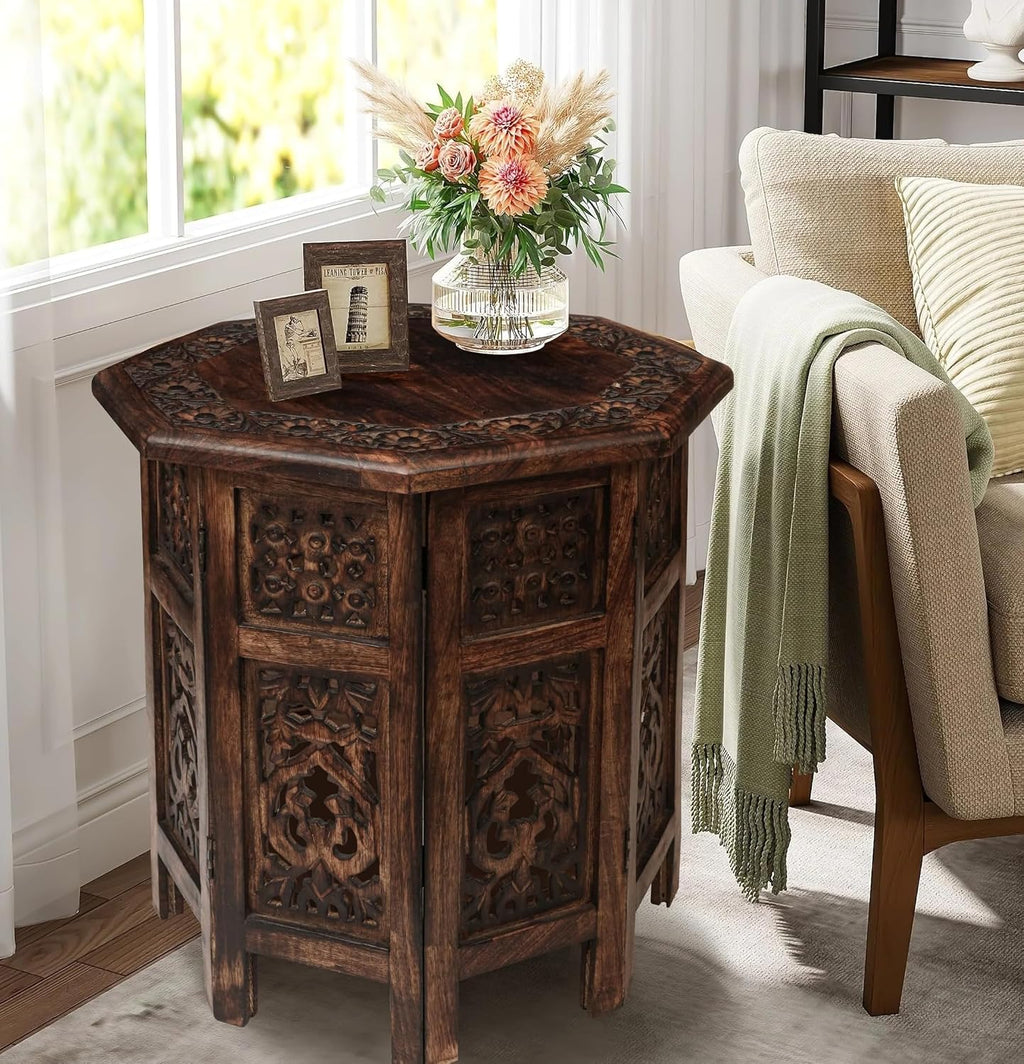 End Tables for Living Room– Hand Carved Vintage Boho Folding Side Tables for Small Spaces, Entryway, Living Room, Bedroom – No Tools Assembly, 18"x18" Octagon, Scorch Burnt Finish