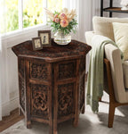 End Tables for Living Room– Hand Carved Vintage Boho Folding Side Tables for Small Spaces, Entryway, Living Room, Bedroom – No Tools Assembly, 18"x18" Octagon, Scorch Burnt Finish