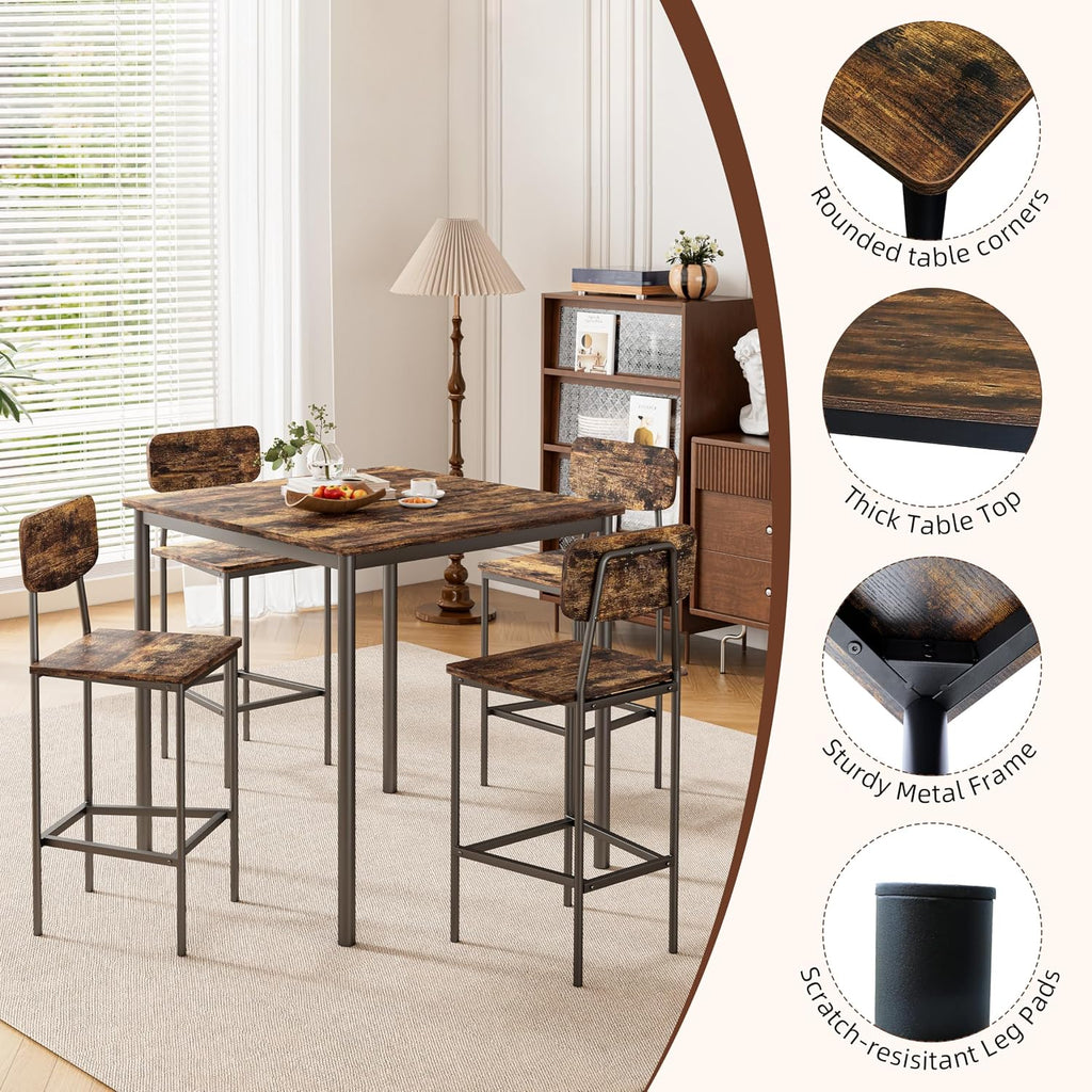 NUNU LAB Kitchen Table and Chairs of 4, Dining Table Set for 4 with Space Saving, Sturdy Industrial Space Saving Dinette Set for Pub, Dining Room, Rustic Brown