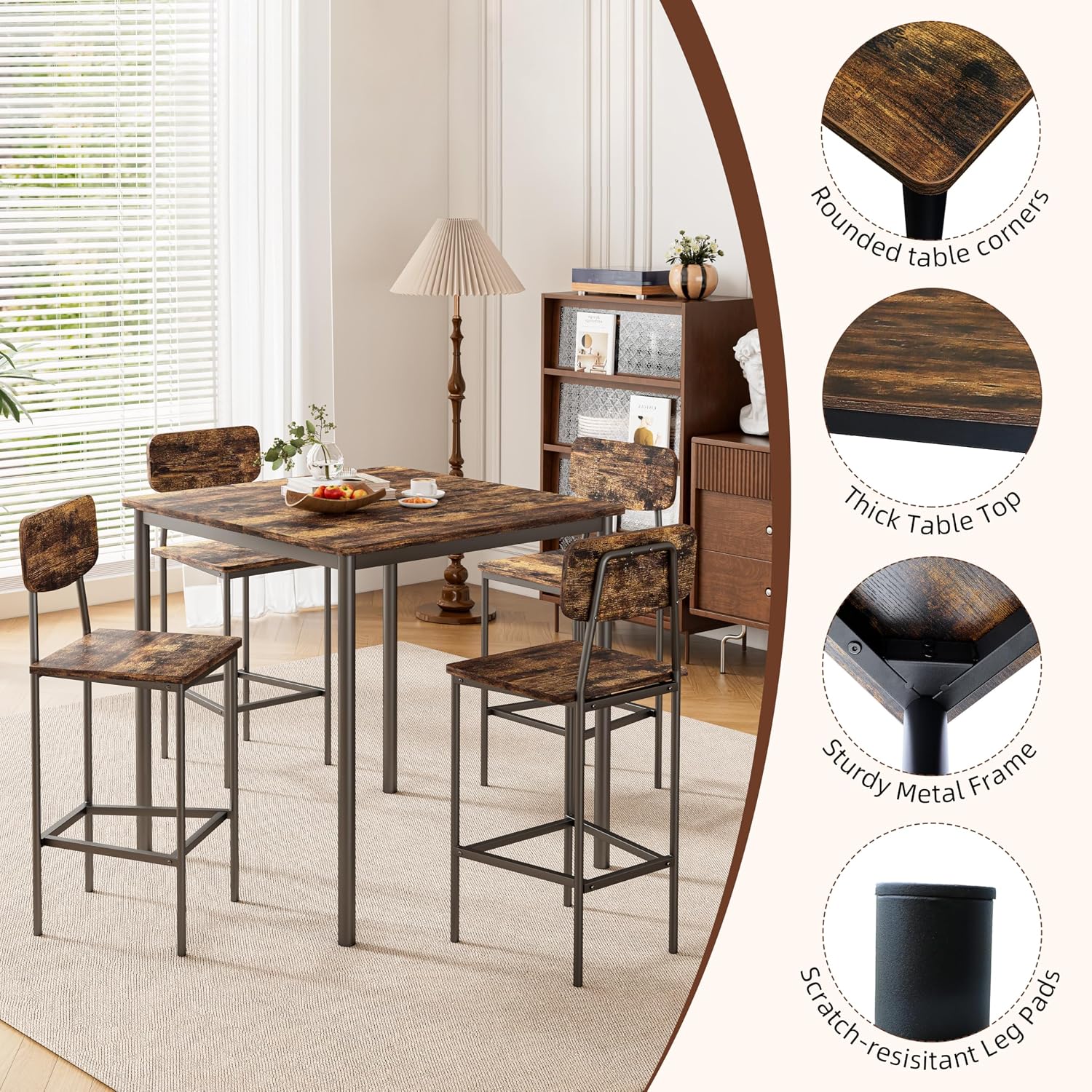NUNU LAB Kitchen Table and Chairs of 4, Dining Table Set for 4 with Space Saving, Sturdy Industrial Space Saving Dinette Set for Pub, Dining Room, Rustic Brown