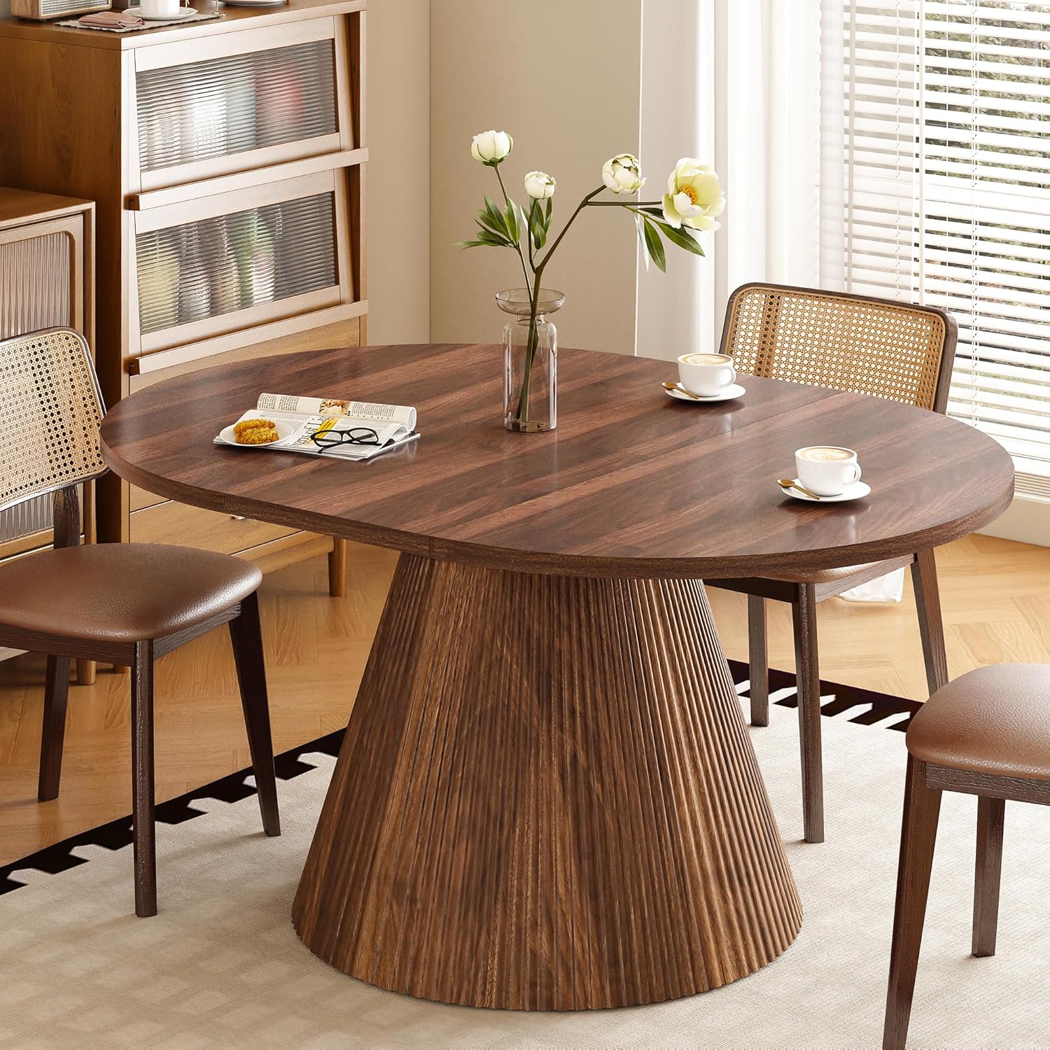 FurSch 43.3"-59" Extendable Oval Dining Table for 4-6-8, Round Adjustable Kitchen Table with Removable Leaves Space Saving, Transformer Dinner Table with Fluted Pedestal Base for Living Room (Walnut)