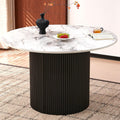 Modern Round Kitchen Table for 4, 47" White Dining Table, Circle Dining Room Table, Dinner Coffee Table with White Marble Effect Tabletop, Wood Strips Pedestal Base for Living Room