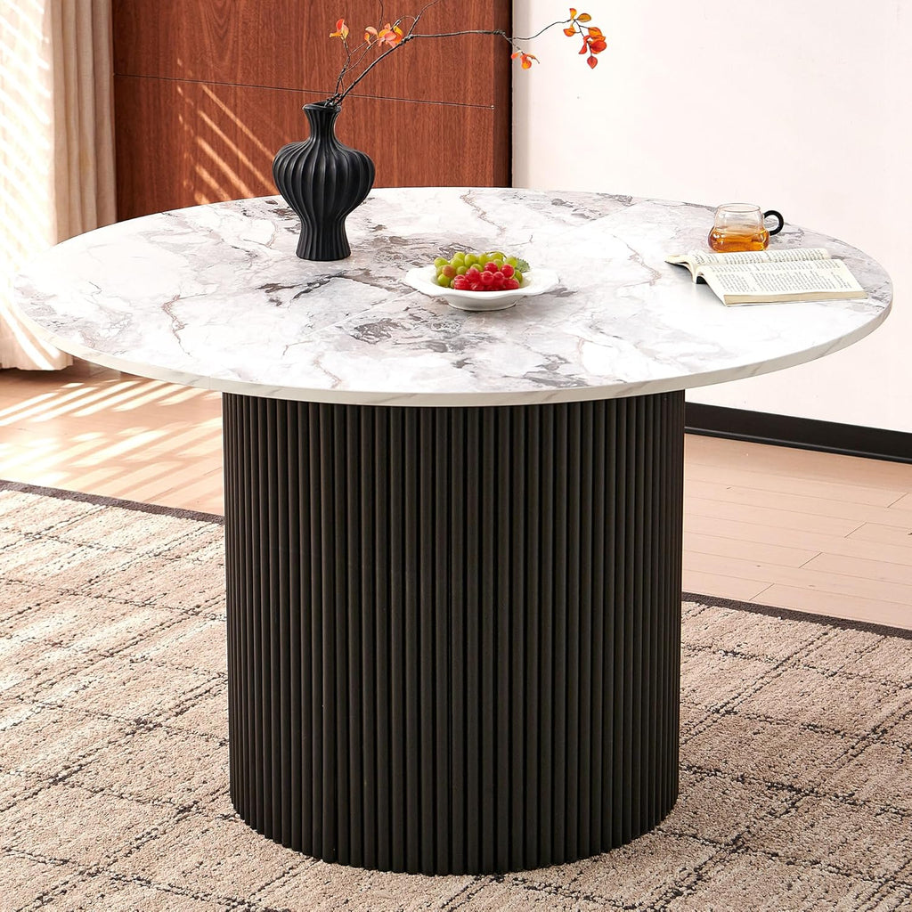 NORDICANA 47 Inch Round Dining Table, Modern Kitchen Dinner Table for 4–6 People, MDF Core, Two-Part Wood Table Top White with Black Strip Columns Base, Table only