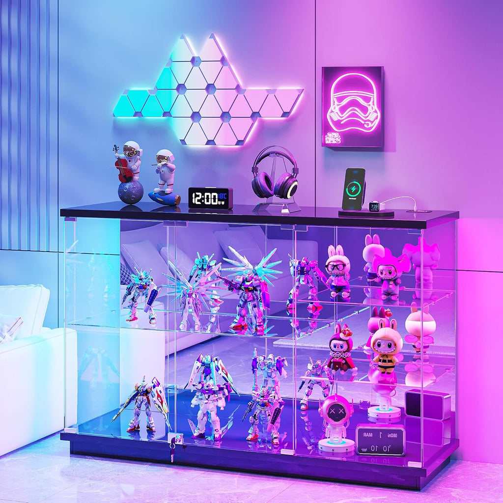 Lvifur RGB Glass Display Cabinet - with Lock, High Gloss Sideboard with Human Body Sensor & Glass Shelves for Toys, Books, Collectibles, Liquor, Bookcase for Living Room, Kitchen, Study, Black