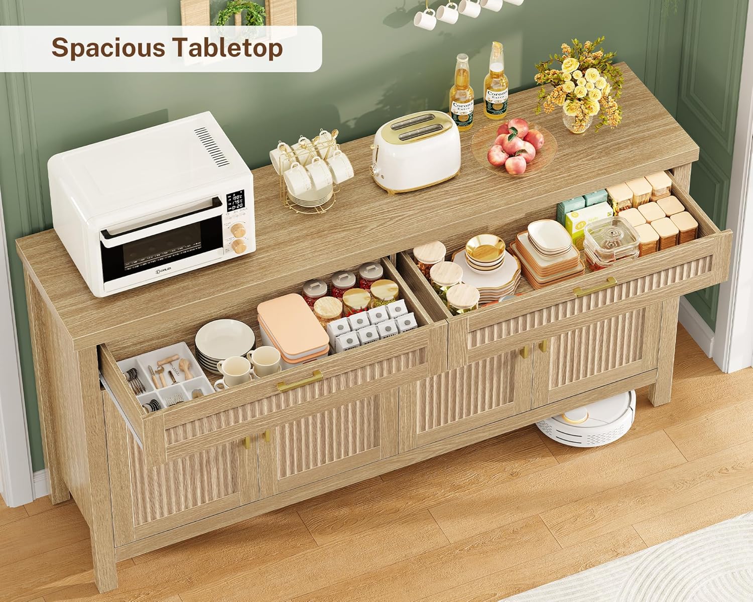 usikey Buffet Cabinet with Storage, 63” W Fluted Sideboard Cabinet with 2 Drawers & Adjustable Shelves, Coffee Bar with 4 Doors, Natural