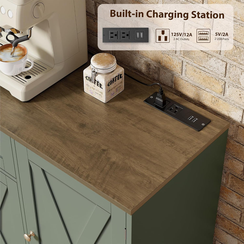 HOSTACK 59"W Kitchen Buffet Cabinet with Storage, Coffee Bar Cabinet, Green | Large Sideboard with Charging Station & Small Rolling Cart, Farmhouse Buffet with Adjustable Shelf & 2 Drawers & Door Rack