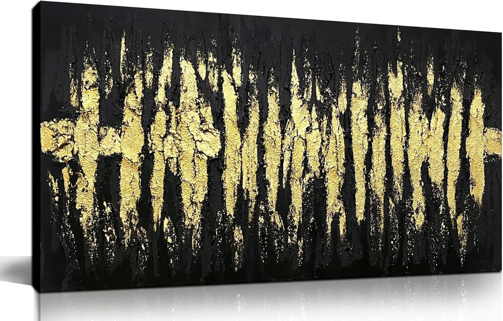 Large Hand Painted 3D Canvas Wall Art for Living Room, Neutral Abstract Black and Gold Texture Minimalismt Painting Handmade Picture Artwork Wall-Decor for Bedroom Home Decoration, Size 40x20 inches