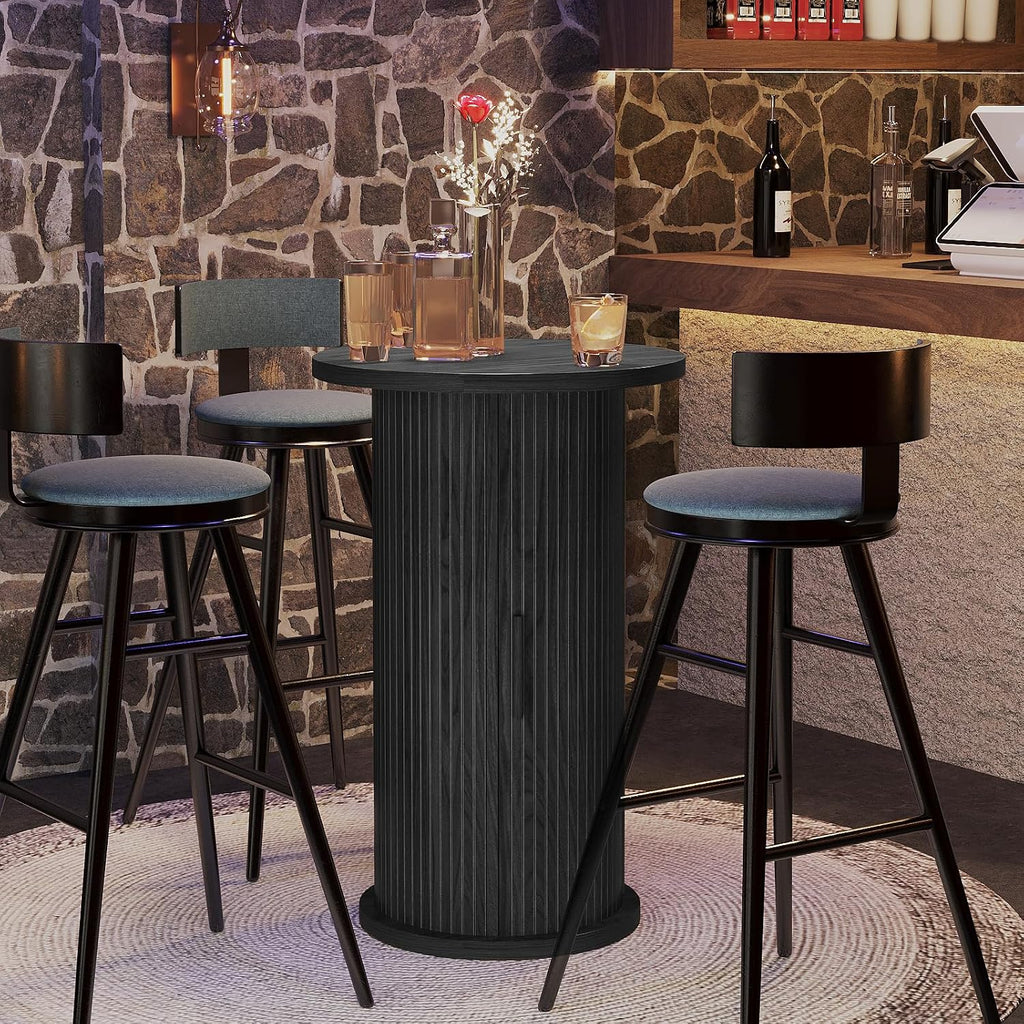 Round Bar Table with 3-Tier Hidden Storage Shelves Slide Door, 36.4'' High Top Bistro Table Cocktail Table for Small Bars, Dining Room, Living Room (Black)
