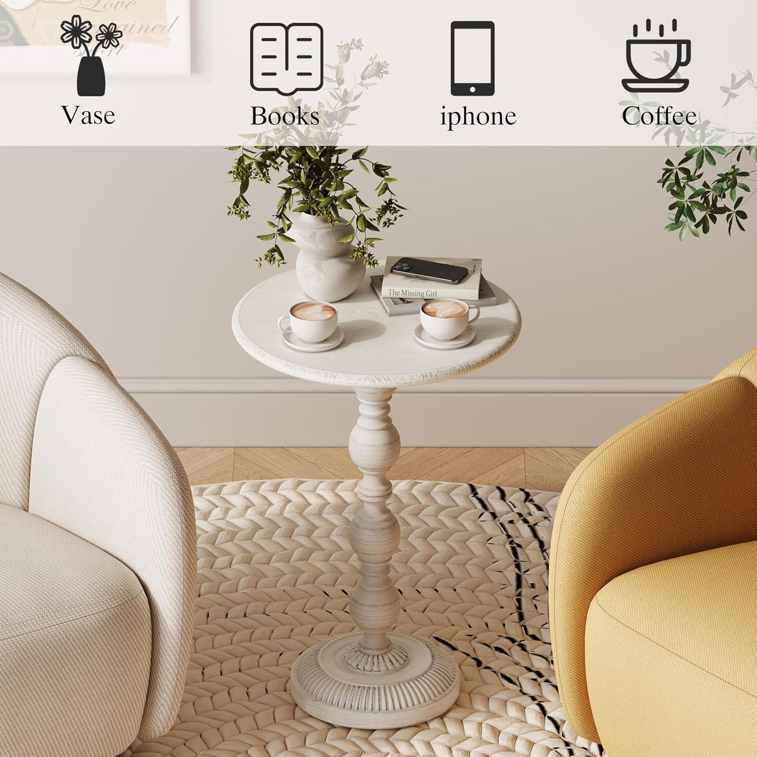 Small Round Metal Side Table, Lightweight Antique Accent Table,Retro Round Drink Table,Small Pedestal Table for Living Room, Bedroom, Corners (1, Antique White)