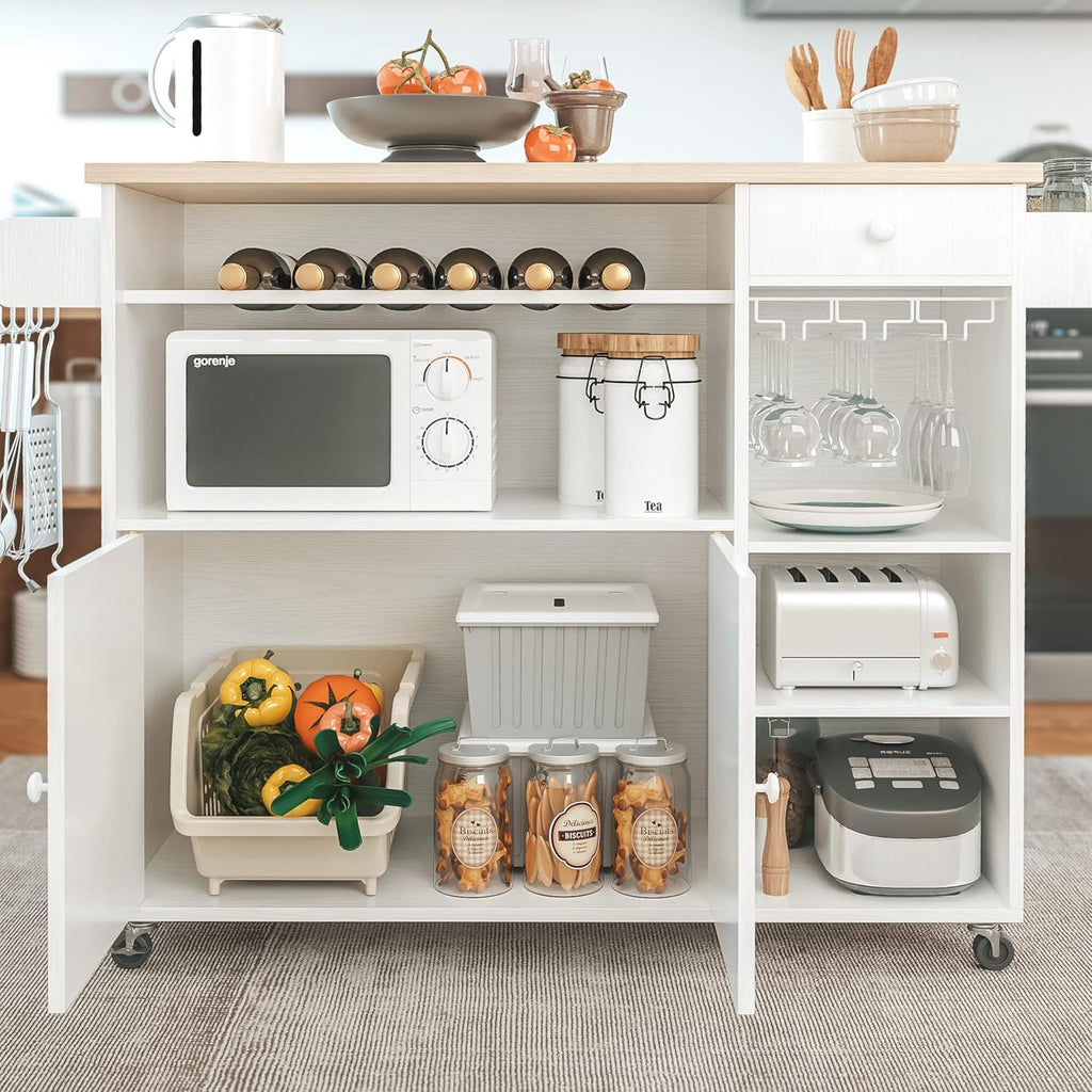 IRONCK Rolling Kitchen Island Cart with Drop-Leaf and Wine Rack, Microwave Rack Serving Cart on Wheels with Drawer & Shelves & Spice Rack & Cup Hanging, White