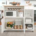 IRONCK Rolling Kitchen Island Cart with Drop-Leaf and Wine Rack, Microwave Rack Serving Cart on Wheels with Drawer & Shelves & Spice Rack & Cup Hanging, White